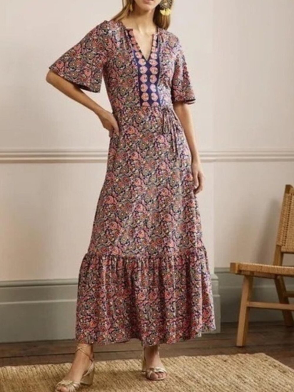 Boden Notch Neck stretch jersey maxi dress blue colorful floral boho cottagecore